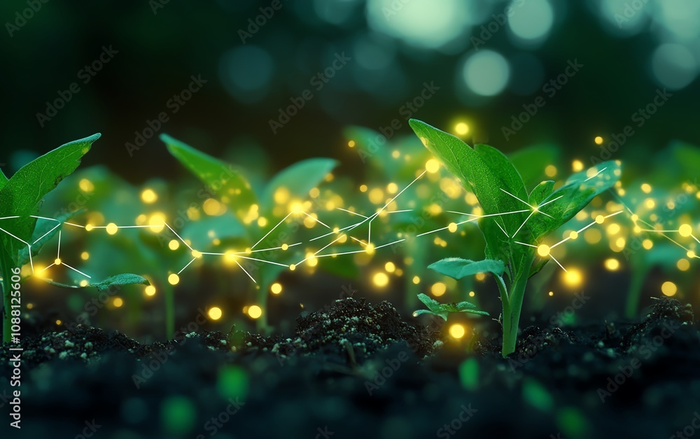 Poster Green plants in a field connected with glowing digital AI data lines, symbolizing the integration of artificial intelligence in precision agriculture and sustainable farming