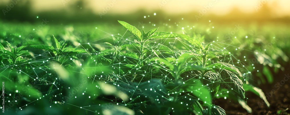 Aufkleber Green plants in a field with intricate AI data lines weaving between them, representing the revolution of artificial intelligence in precision agriculture and smart farming