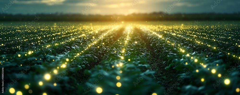 Aufkleber Green plants in a vast field connected by glowing digital AI lines, embodying the integration of AI in precision agriculture and its role in efficient crop production