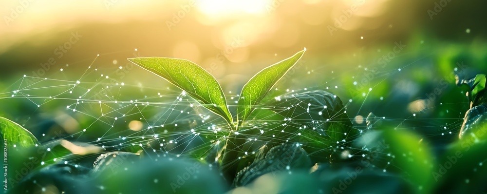 Aufkleber Green plants in a field with intricate AI data lines weaving between them, representing the revolution of artificial intelligence in precision agriculture and smart farming