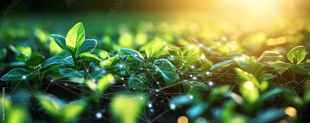 Leinwandbilder Green plants in a field with intricate AI data lines weaving between them, representing the revolution of artificial intelligence in precision agriculture and smart farming