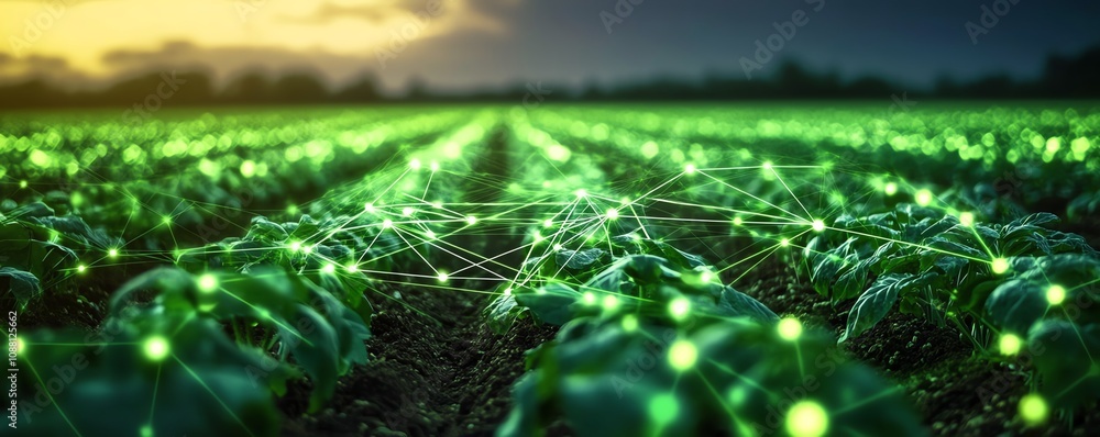 Poster Green plants in a vast field connected by glowing digital AI lines, embodying the integration of AI in precision agriculture and its role in efficient crop production