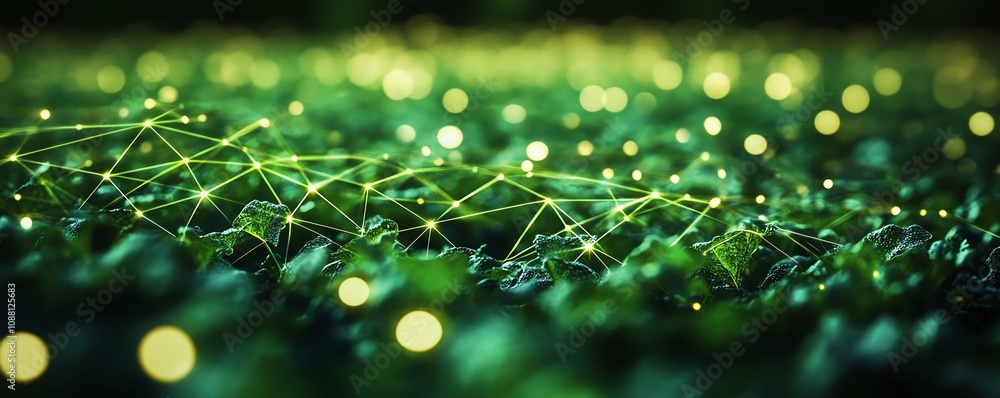 Poster Green plants in a vast field connected by glowing digital AI lines, embodying the integration of AI in precision agriculture and its role in efficient crop production