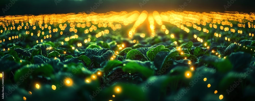 Poster Green plants in a vast field connected by glowing digital AI lines, embodying the integration of AI in precision agriculture and its role in efficient crop production