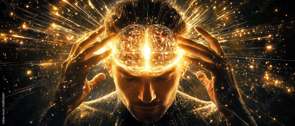 Aufkleber Man using a digital brain interface to access information, symbolizing the advanced synergy between human cognition and artificial intelligence in a futuristic setting