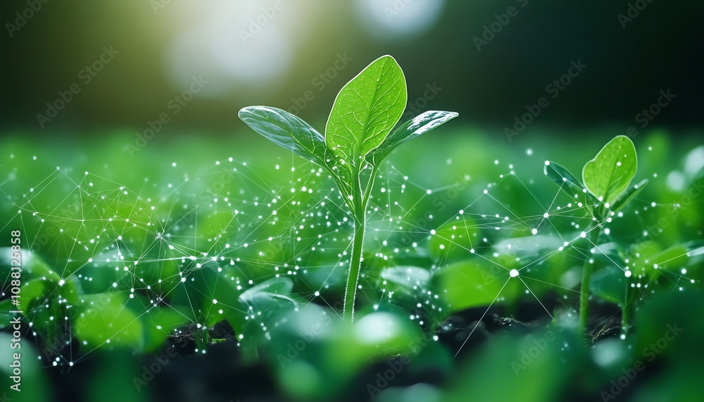 Aufkleber vibrant green plants in a field with digital ai data lines connecting each one, representing the fut