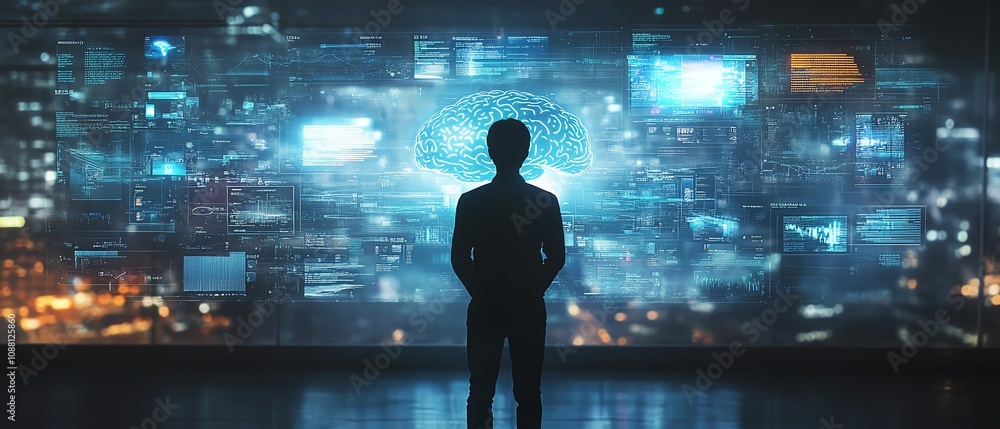 Aufkleber Man using a digital brain interface to access information, symbolizing the advanced synergy between human cognition and artificial intelligence in a futuristic setting