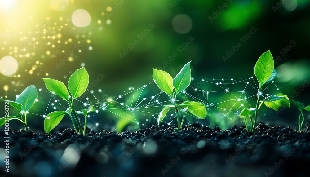 Poster Vibrant green plants in a field with digital AI data lines connecting each one, representing the future of precision agriculture and AIdriven farming techniques