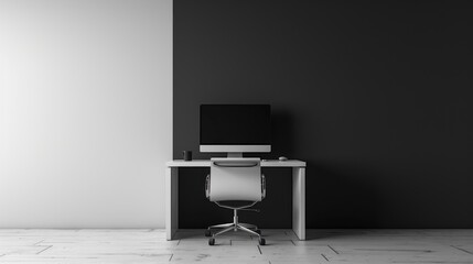 Minimalist home office workspace with computer, desk, and chair against a black and white wall.
