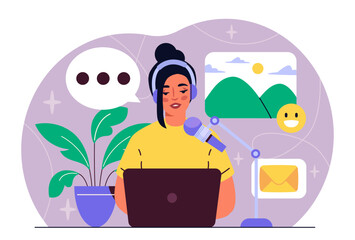 Woman live stream. Young girl at laptop with headphones. Influencer and vlogger. Person record podcast for social networks. Flat vector illustration