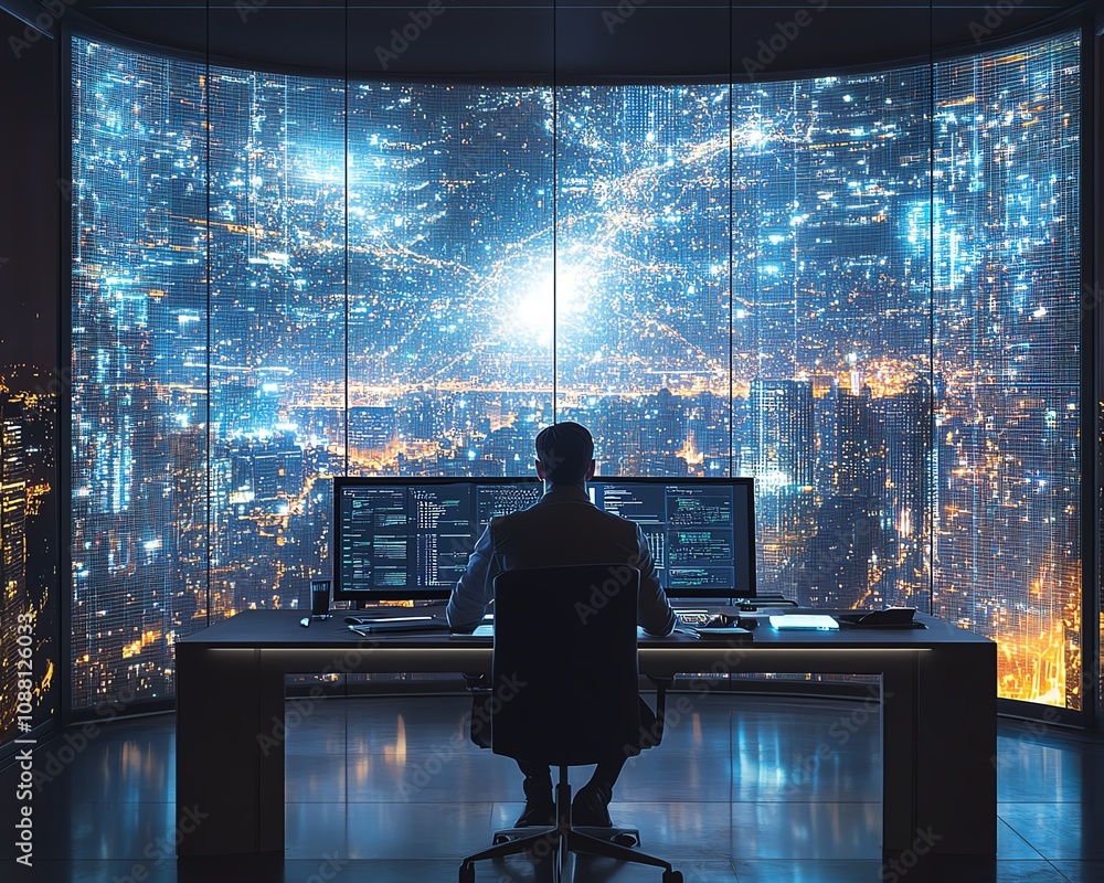 Aufkleber American IT specialist in a modern office, analyzing hightech data on a large digital display, immersed in futuristic technology and innovation