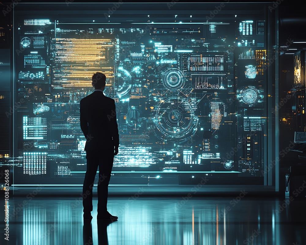 Poster american it specialist in a modern office setting, analyzing complex data on a futuristic digital sc