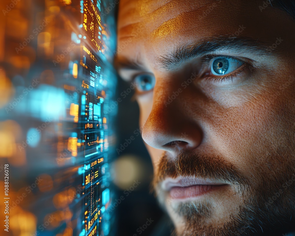 Poster american it specialist in a modern office, analyzing hightech data on a large digital display, immer