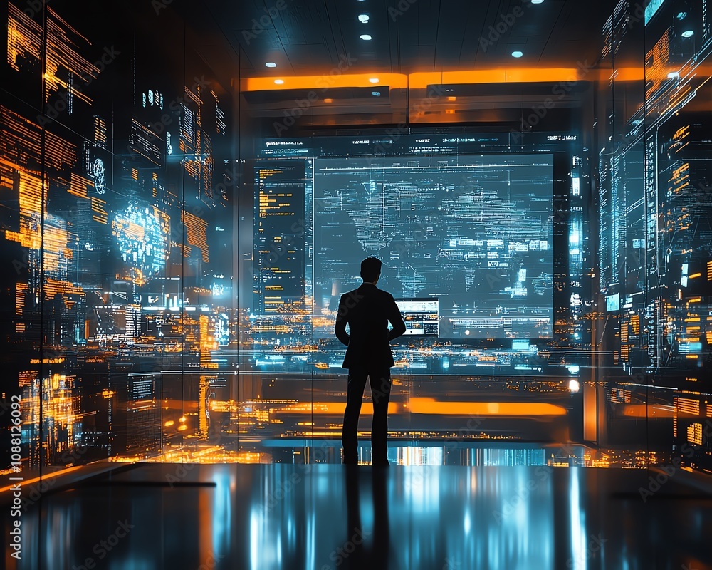 Poster american it specialist in a modern office setting, analyzing complex data on a futuristic digital sc