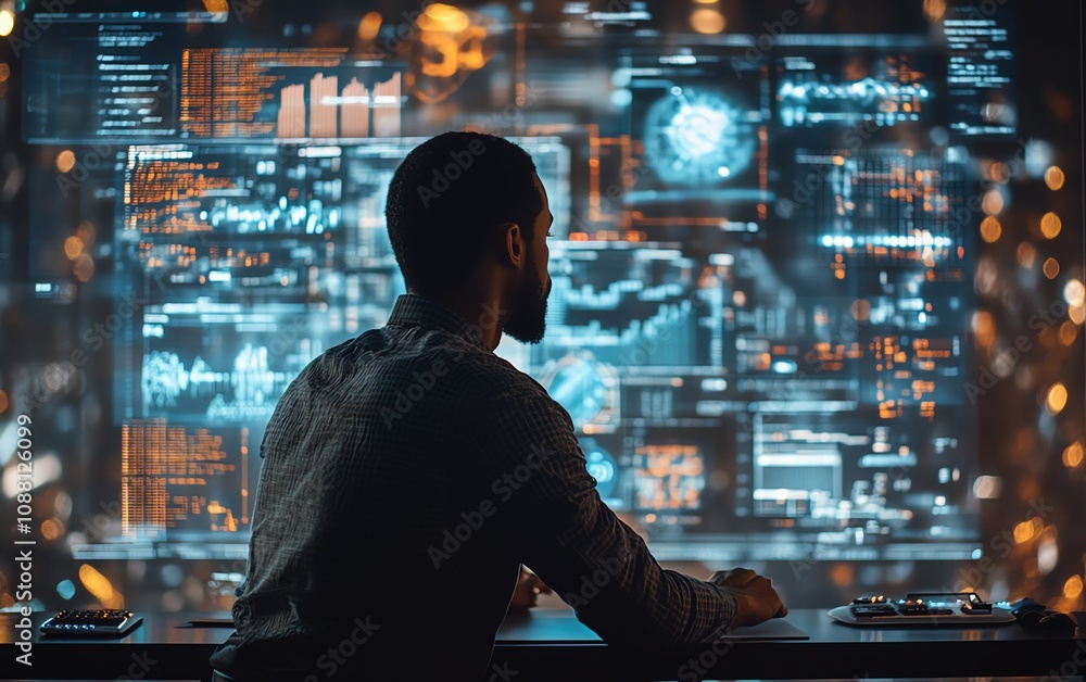Aufkleber american it specialist studying complex digital data on a futuristic screen, deeply immersed in tech