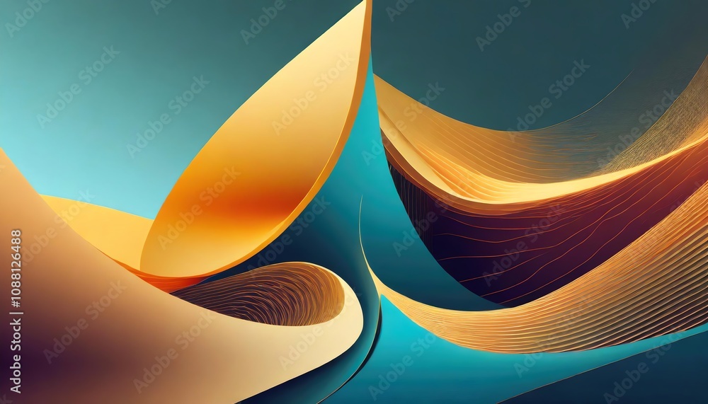 Poster a vibrant abstract composition featuring flowing shapes in gold and teal, creating a dynamic and mod
