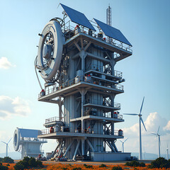 A modern energy tower combining solar and wind power in a vibrant landscape, digital artwork of futuristic architecture concept.