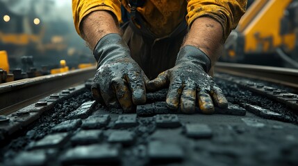 Close-up shot of a worker adjusting a  paver machine, grease stains on hands, small tools in the background, and safety gear visible on the belt