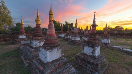 Naklejka premium Stunning Sunset Over Ancient Stupas with Vibrant Sky Colors, Showcasing Historical Architecture and Serene Atmosphere in a Peaceful Landscape