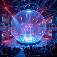 A spectacular futuristic event with a holographic display captivating an engaged audience in a high tech venue, digital art of futuristic concept.
