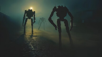 Fototapeta premium Abandoned Urban Landscape with Towering AI Robots Patrolling in Dense Fog