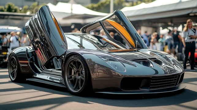 Sleek dark gray supercar with gull-wing doors open at outdoor auto show.