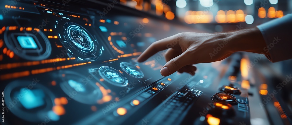 Poster Closeup of a railway operations manager interacting with a hightech control panel