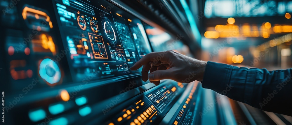 Poster Closeup of a railway operations manager interacting with a hightech control panel