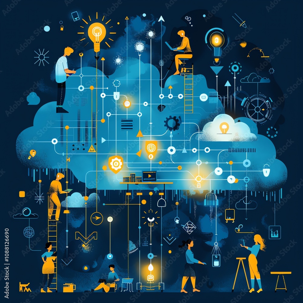 Poster cloud computing network with diverse team collaborating, innovating, and building digital infrastruc