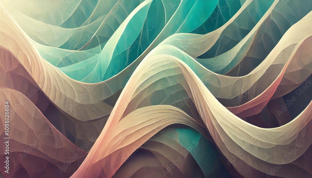 Poster an abstract image featuring flowing waves in soft pastel colors, creating a serene and dynamic visua