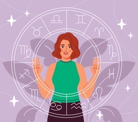 Woman with zodiac. Young girl with zodiac signs. Astrology and esoterics, mysticism. Wheel of constellations. Pisces, Sagittarius, Taurus, Gemini and Scorpio. Flat vector illustration