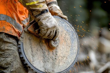 Obraz premium Close-up shot of a worker using a concrete saw, sparks flying, focus on the saw blade, orange safety vest and helmet slightly blurred in the background