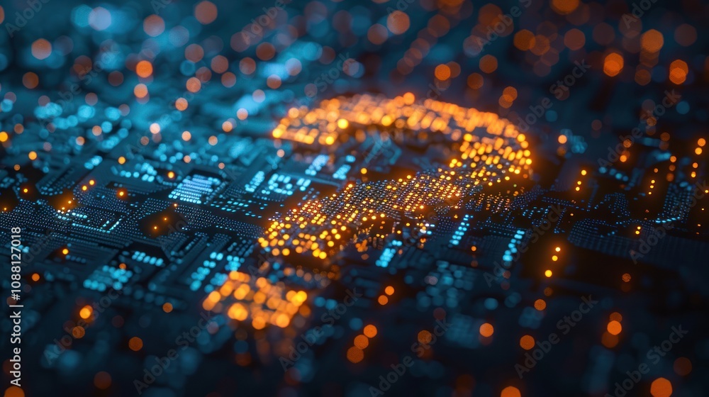 Poster a glowing question mark symbol on a circuit board, representing digital inquiry or uncertainty.