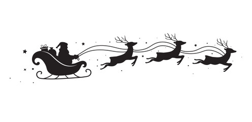 Santa Claus ride sleigh with flying reindeer. Santa Sleigh Silhouette isolated on white background. Merry christmas. Vector illustration