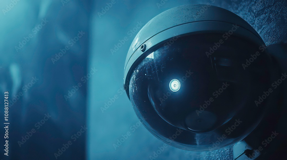 Poster extreme close-up of a cctv modern sphere shaped security camera with a sleek design using for record