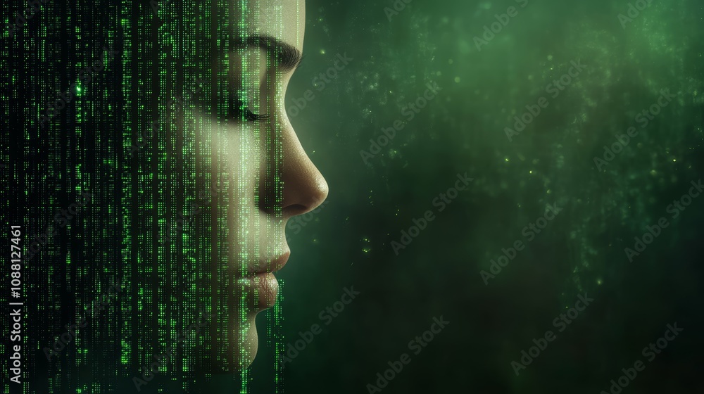 Poster artistic portrait, woman's face merged with flowing binary code in a digital art representation