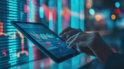 Analyzing financial data trends urban office space digital interface nighttime view business intelligence concept