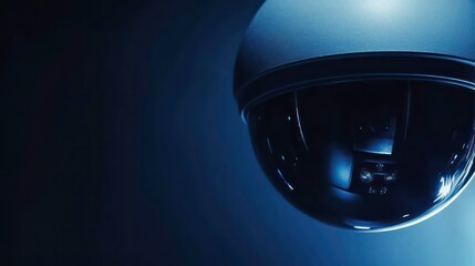 Extreme close-up of a CCTV modern sphere shaped security camera with a sleek design using for recording and monitoring the criminals scene. On a blue dark background with copy space.