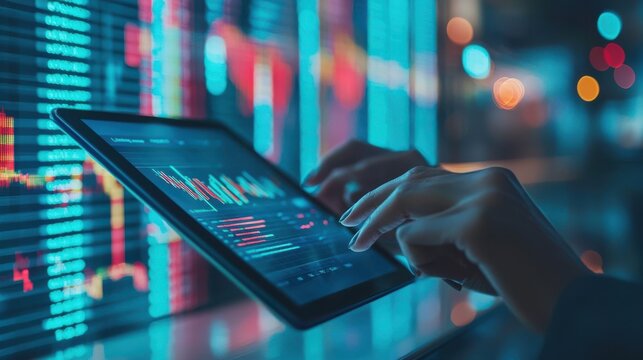 Analyzing financial data trends urban office space digital interface nighttime view business intelligence concept