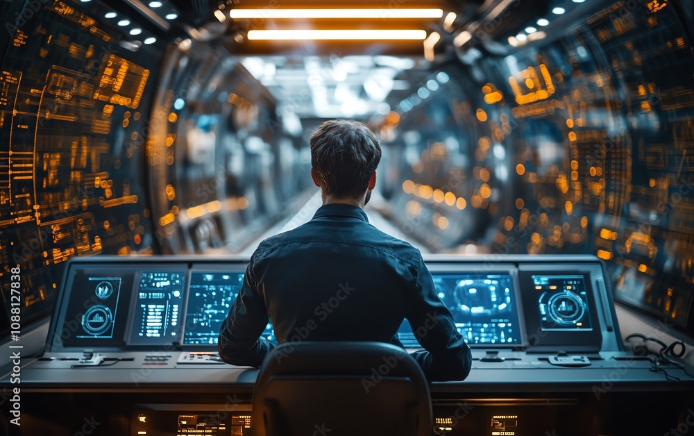 Poster Railway operations manager working with an advanced control panel, using futuristic software to manage and streamline transportation systems efficiently in a modern control room