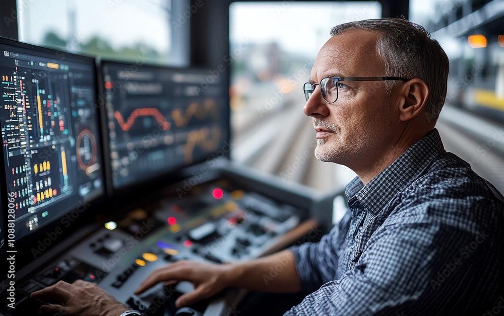 Fototapete railway operations manager interacting with a hightech control panel, utilizing advanced software to