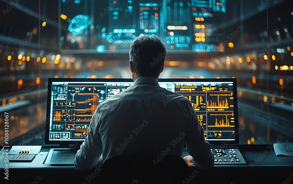 Fototapete railway operations manager working with an advanced control panel, using futuristic software to mana