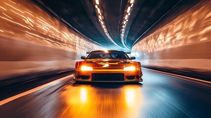 Fast orange race car speeding through a lit tunnel.