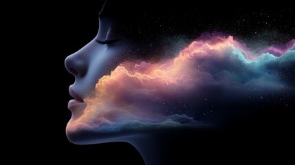 Dreamy portrait, a woman's serene expression against soft cloud backdrop serene