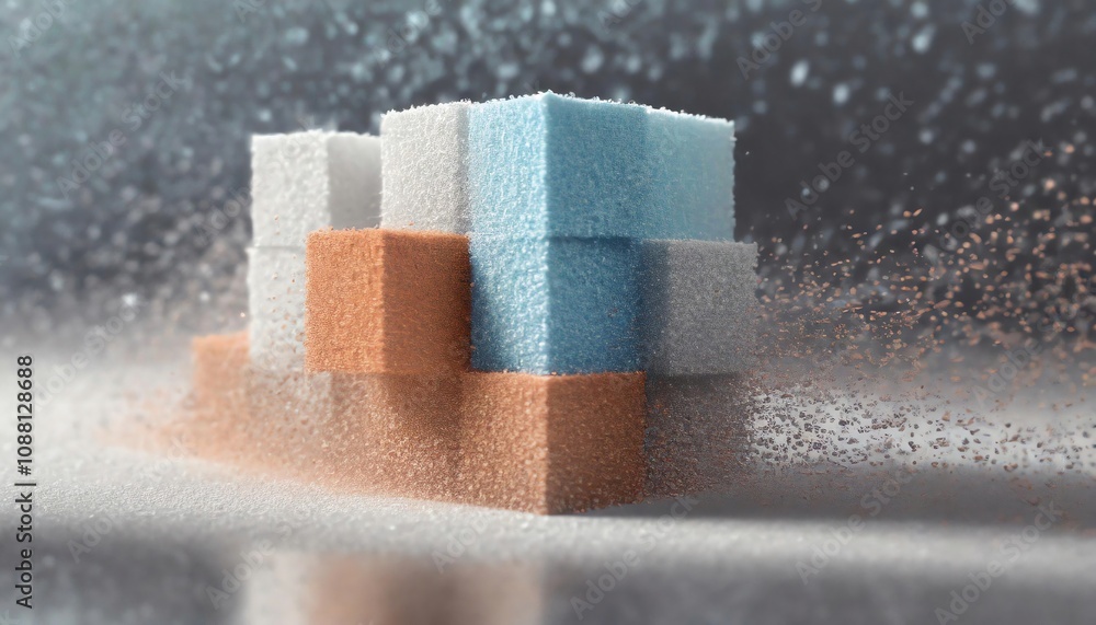Poster a visually striking composition of colorful, textured cubes surrounded by a mist, creating an ethere