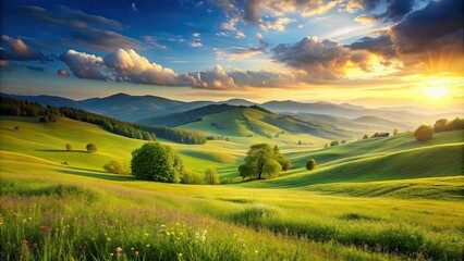 Obraz premium Serene meadow with gentle hills, meadow, hills, nature, tranquil, peaceful, landscape, outdoors, green, grass, scenic