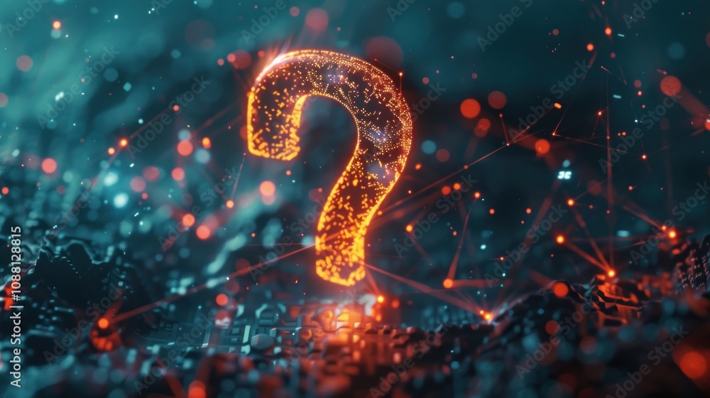 Poster a glowing question mark made of lines and dots, set against a dark, abstract background with red and