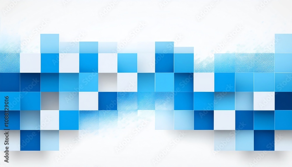 Poster a vibrant abstract design featuring a mosaic of blue and white squares, creating a modern and dynami