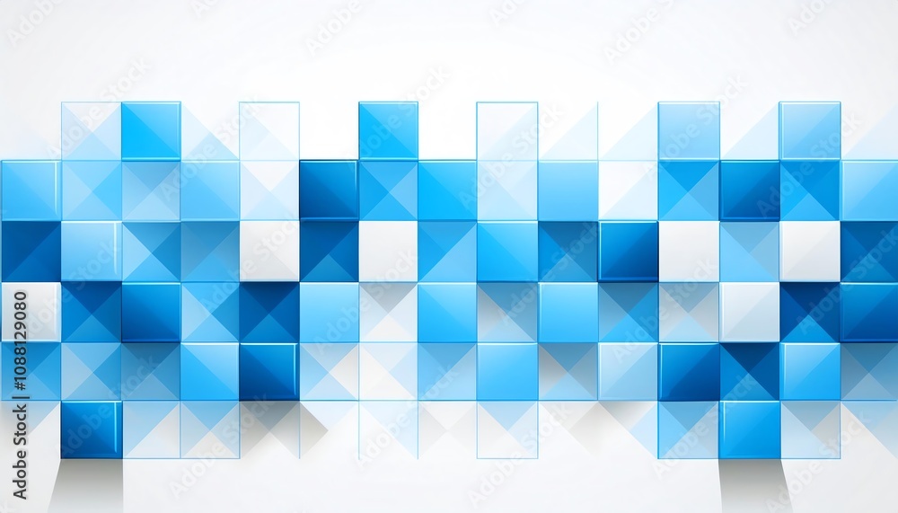 Poster an abstract design featuring a mosaic of blue squares and triangles, creating a modern, geometric pa