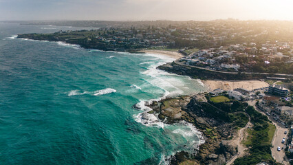Aerial view looking towards Bronte beach and it's surrounding coastal landscape.